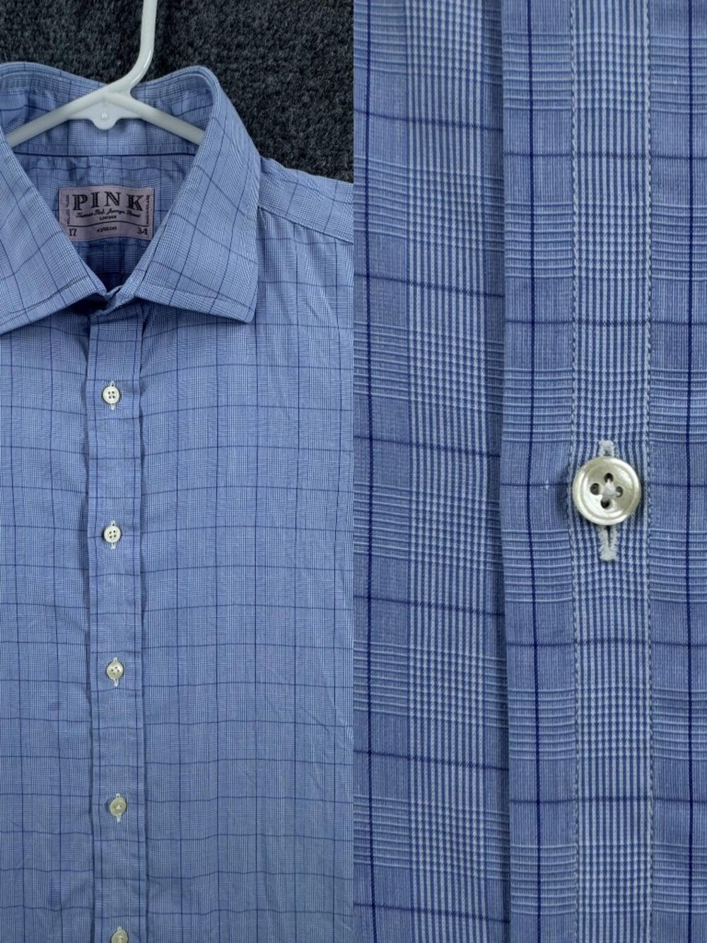 VTG Thomas Pink 17 34 Mens Blue White Check Cotton British Elegant Long Sleeve